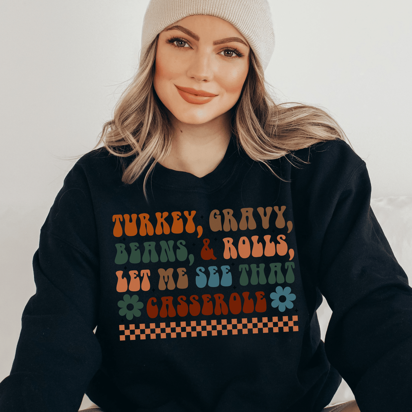 Checkered Turkey, Gravy, Beans, and Rolls Colored Crewneck Sweatshirt - Happy Place Studio