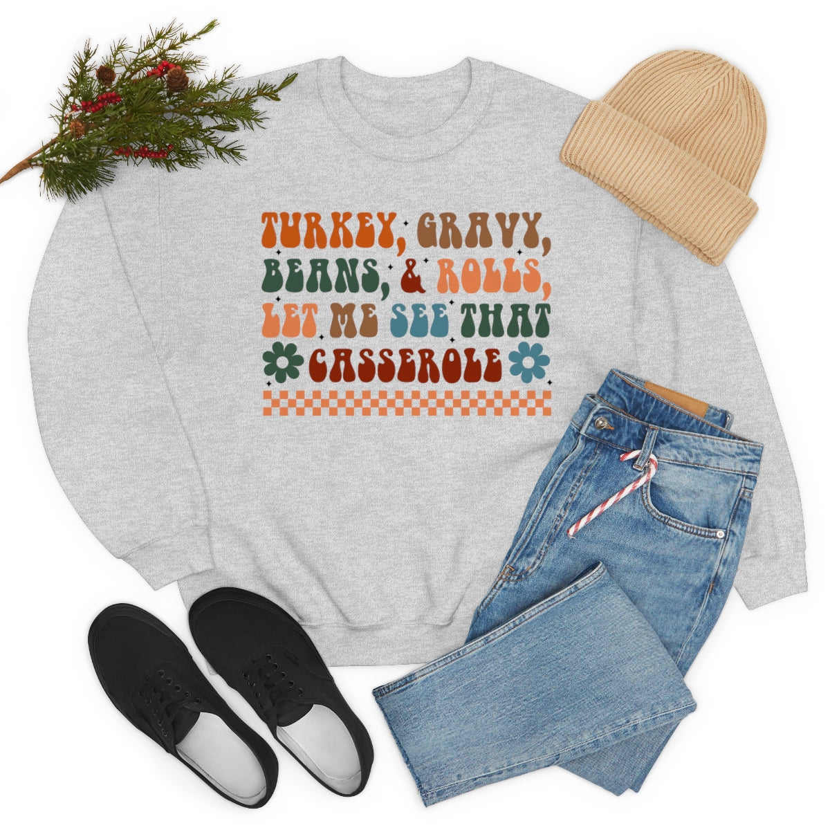 Checkered Turkey, Gravy, Beans, and Rolls Colored Crewneck Sweatshirt - Happy Place Studio