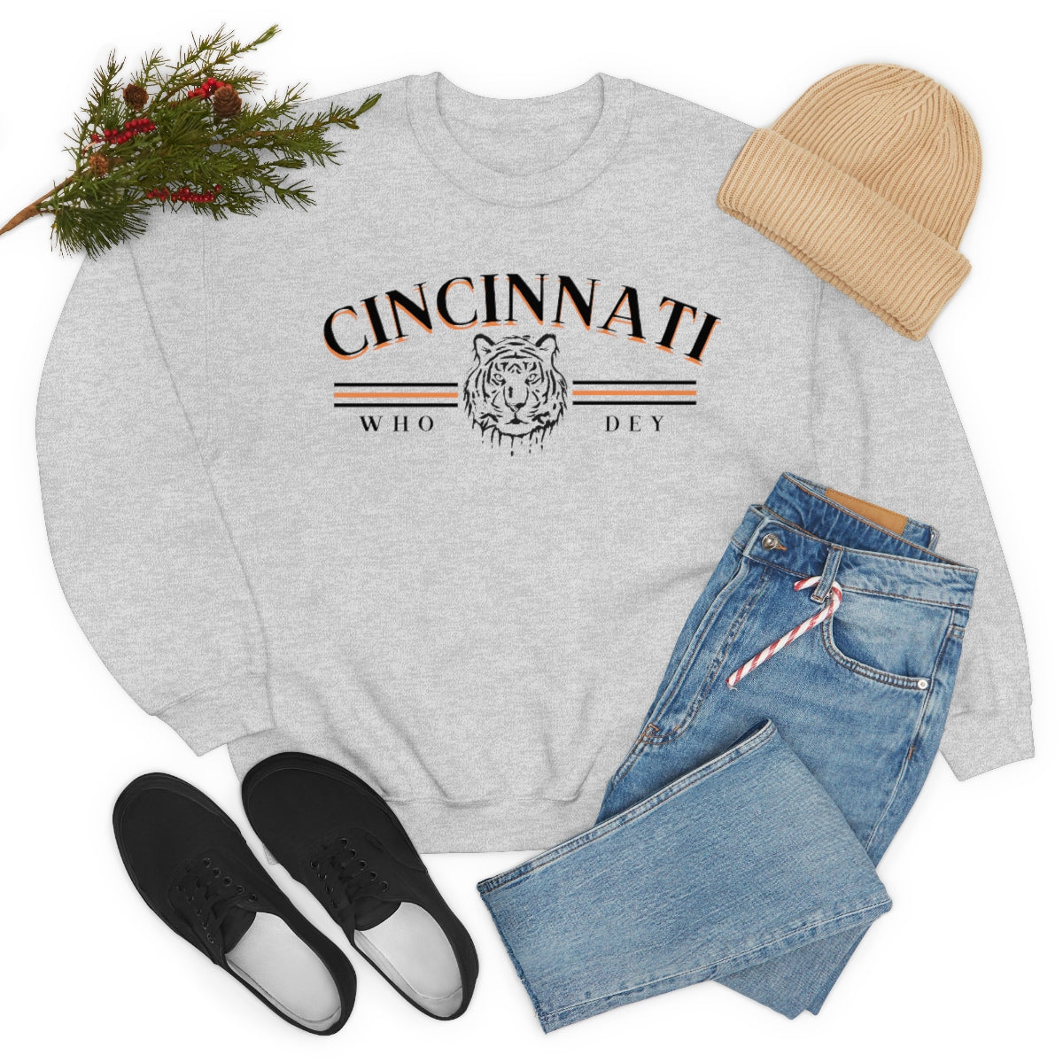 Black Lettering Vintage Cincinnati Who Dey Crewneck Sweatshirt - Happy Place Studio