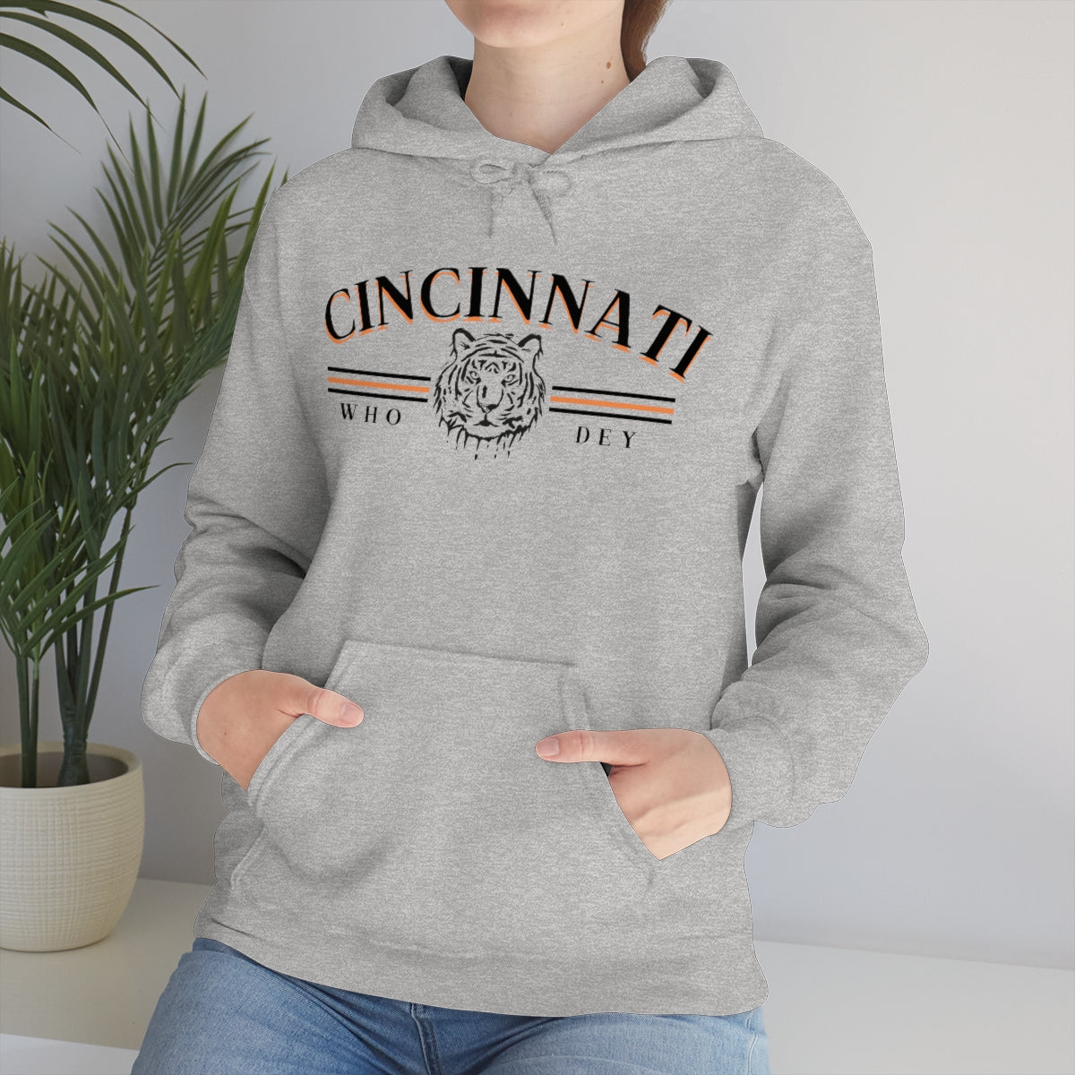 Black Lettering Vintage Style Cincinnati Who Dey Hoodie Sweatshirt - Happy Place Studio