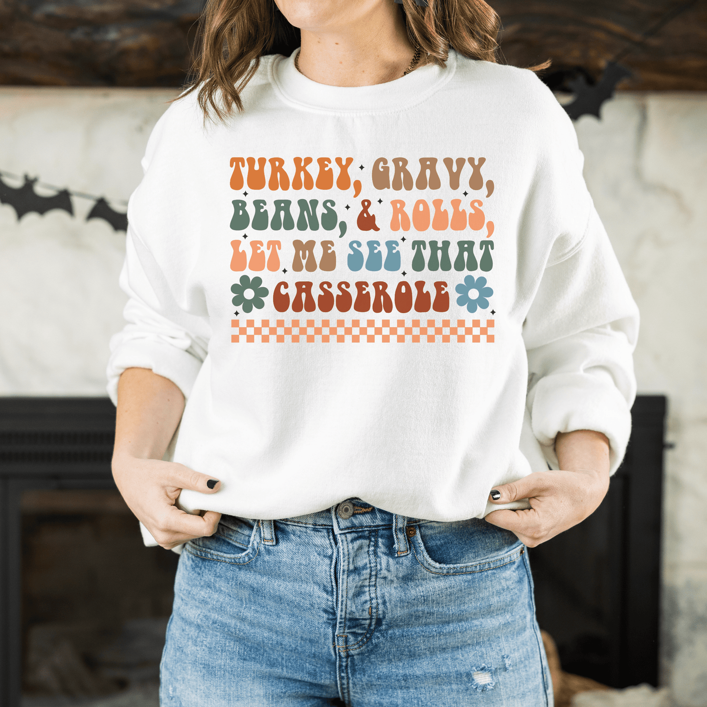 Checkered Turkey, Gravy, Beans, and Rolls Colored Crewneck Sweatshirt - Happy Place Studio