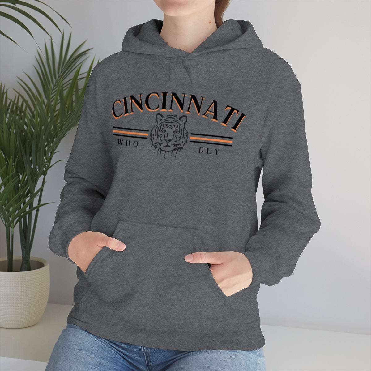 Black Lettering Vintage Style Cincinnati Who Dey Hoodie Sweatshirt - Happy Place Studio