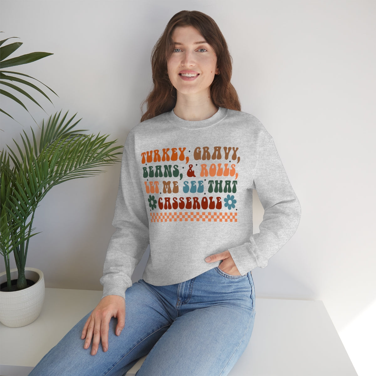 Checkered Turkey, Gravy, Beans, and Rolls Colored Crewneck Sweatshirt - Happy Place Studio