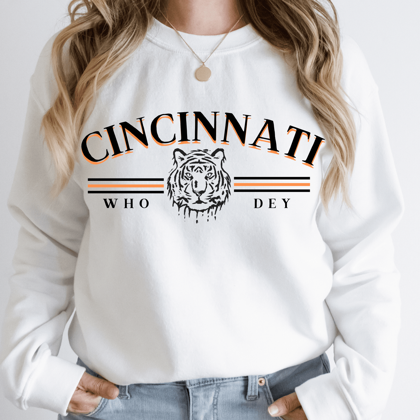 Black Lettering Vintage Cincinnati Who Dey Crewneck Sweatshirt - Happy Place Studio