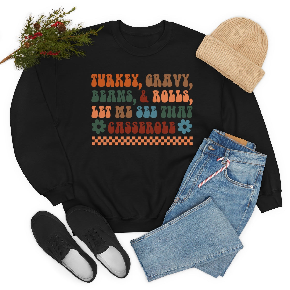 Checkered Turkey, Gravy, Beans, and Rolls Colored Crewneck Sweatshirt - Happy Place Studio