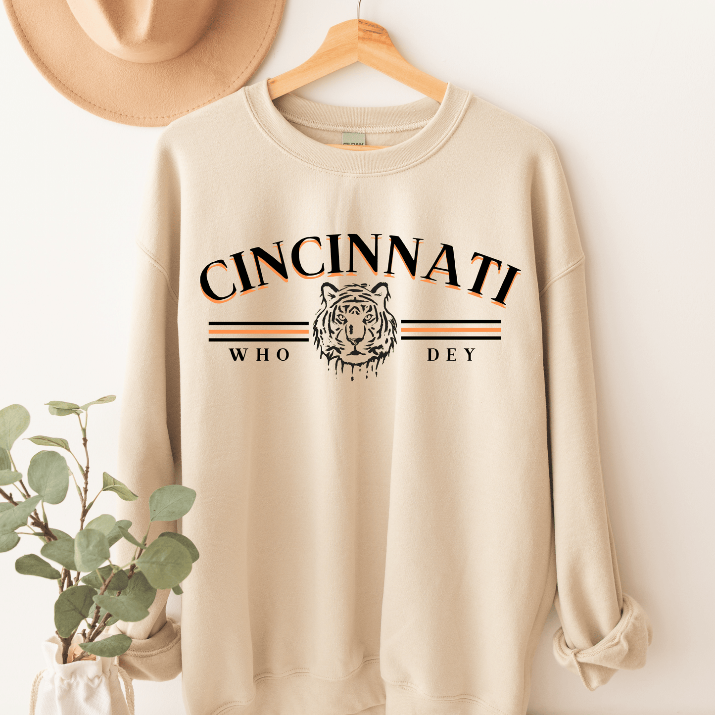 Black Lettering Vintage Cincinnati Who Dey Crewneck Sweatshirt - Happy Place Studio