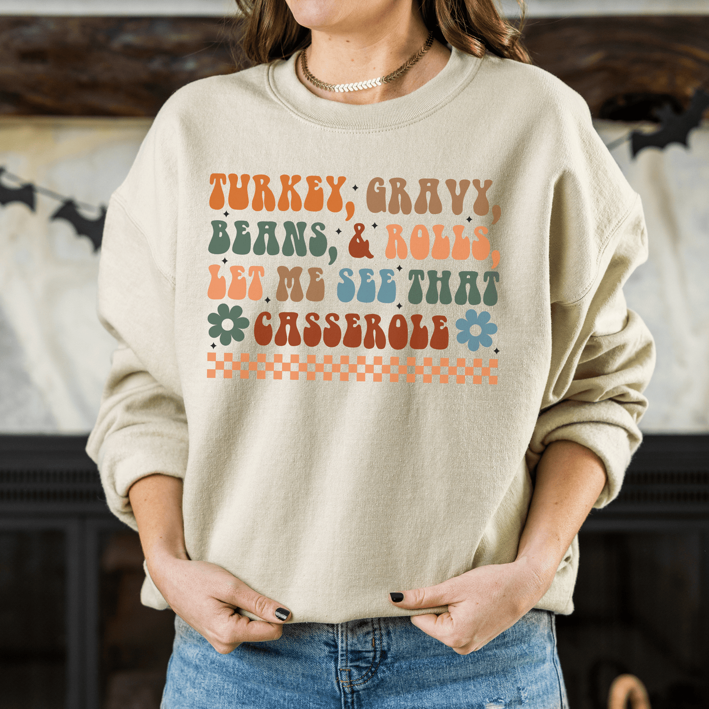 Checkered Turkey, Gravy, Beans, and Rolls Colored Crewneck Sweatshirt - Happy Place Studio