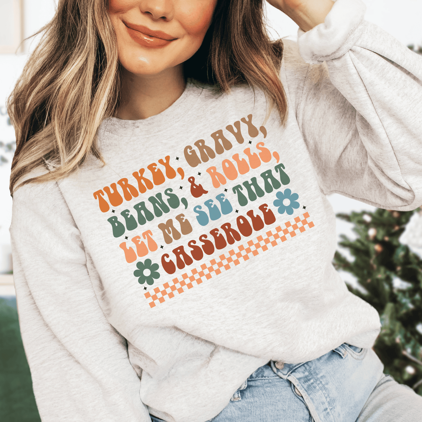 Checkered Turkey, Gravy, Beans, and Rolls Colored Crewneck Sweatshirt - Happy Place Studio