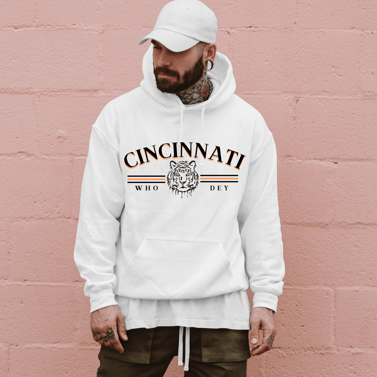 Black Lettering Vintage Style Cincinnati Who Dey Hoodie Sweatshirt - Happy Place Studio