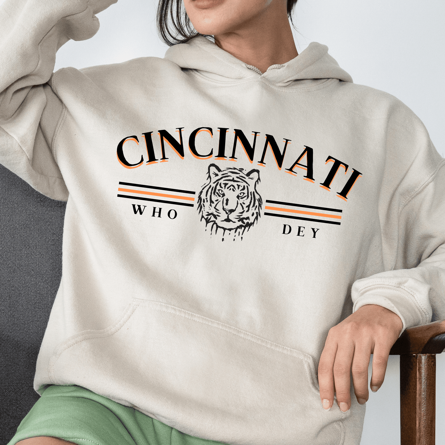 Black Lettering Vintage Style Cincinnati Who Dey Hoodie Sweatshirt - Happy Place Studio