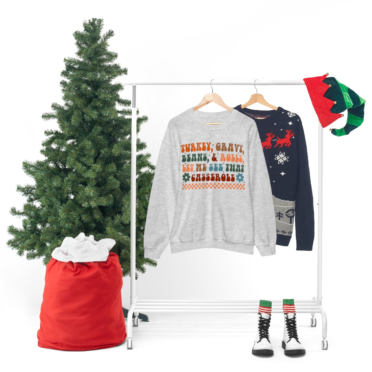 Checkered Turkey, Gravy, Beans, and Rolls Colored Crewneck Sweatshirt - Happy Place Studio