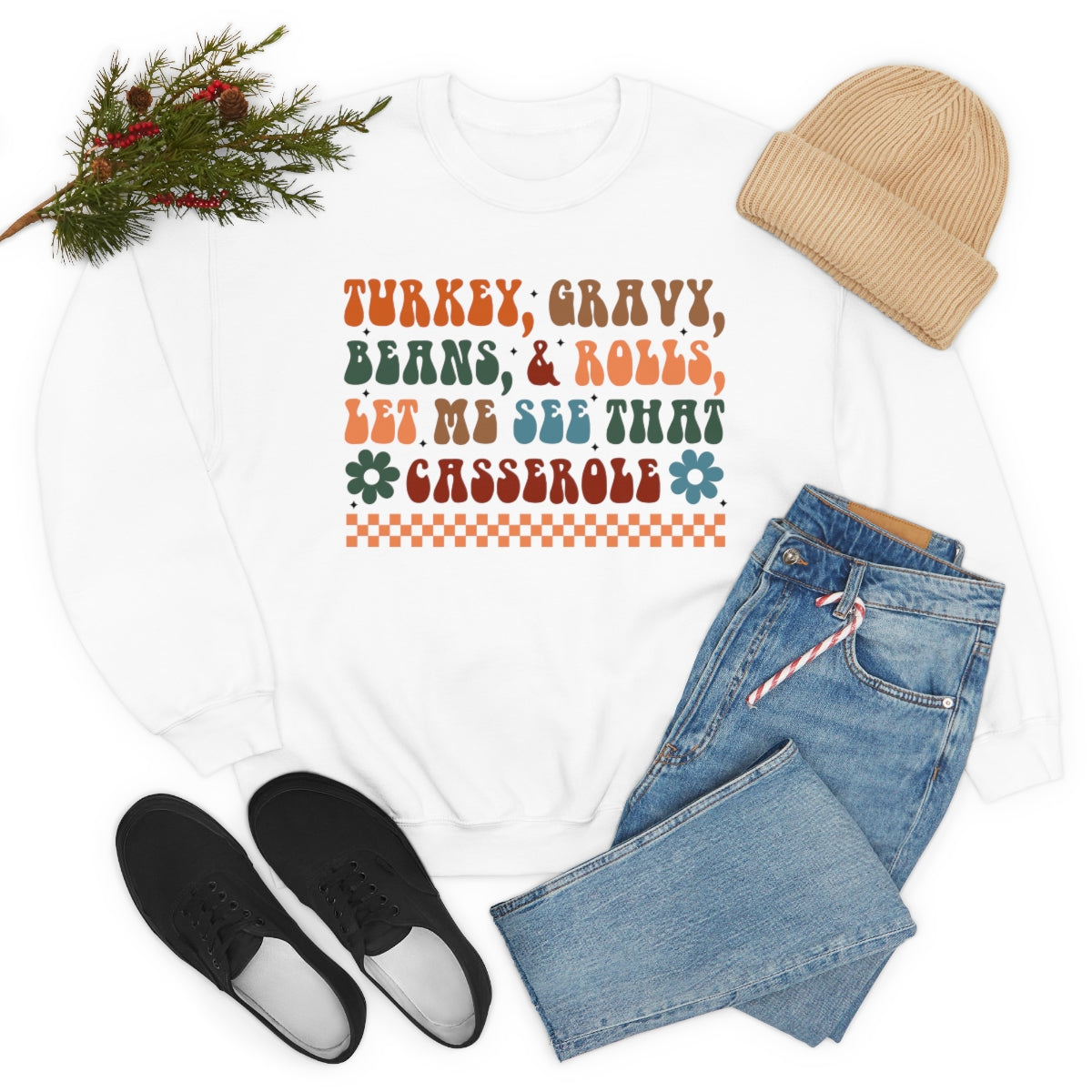 Checkered Turkey, Gravy, Beans, and Rolls Colored Crewneck Sweatshirt - Happy Place Studio