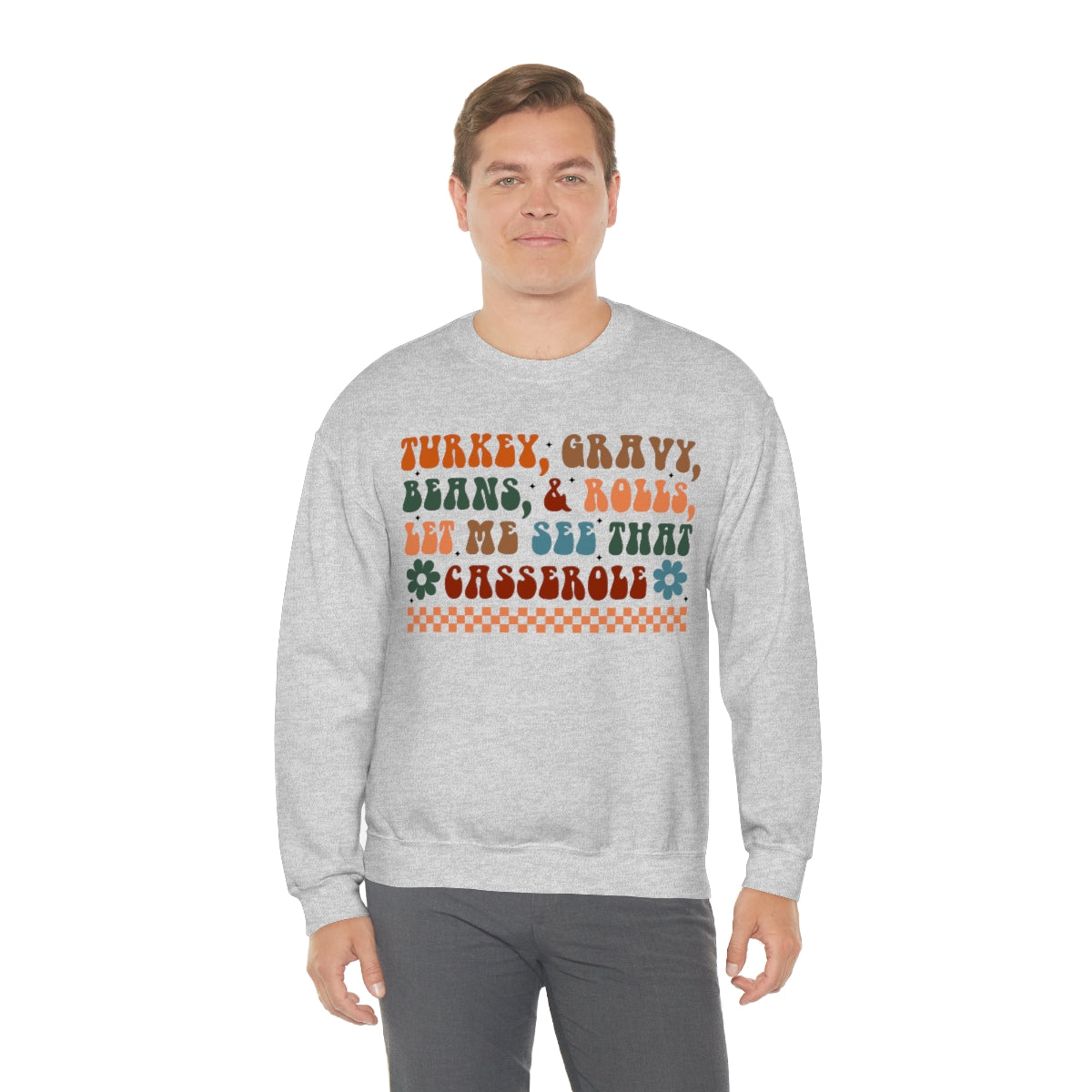 Checkered Turkey, Gravy, Beans, and Rolls Colored Crewneck Sweatshirt - Happy Place Studio