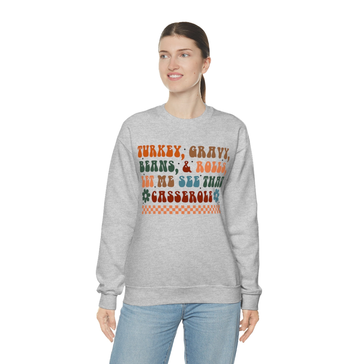 Checkered Turkey, Gravy, Beans, and Rolls Colored Crewneck Sweatshirt - Happy Place Studio