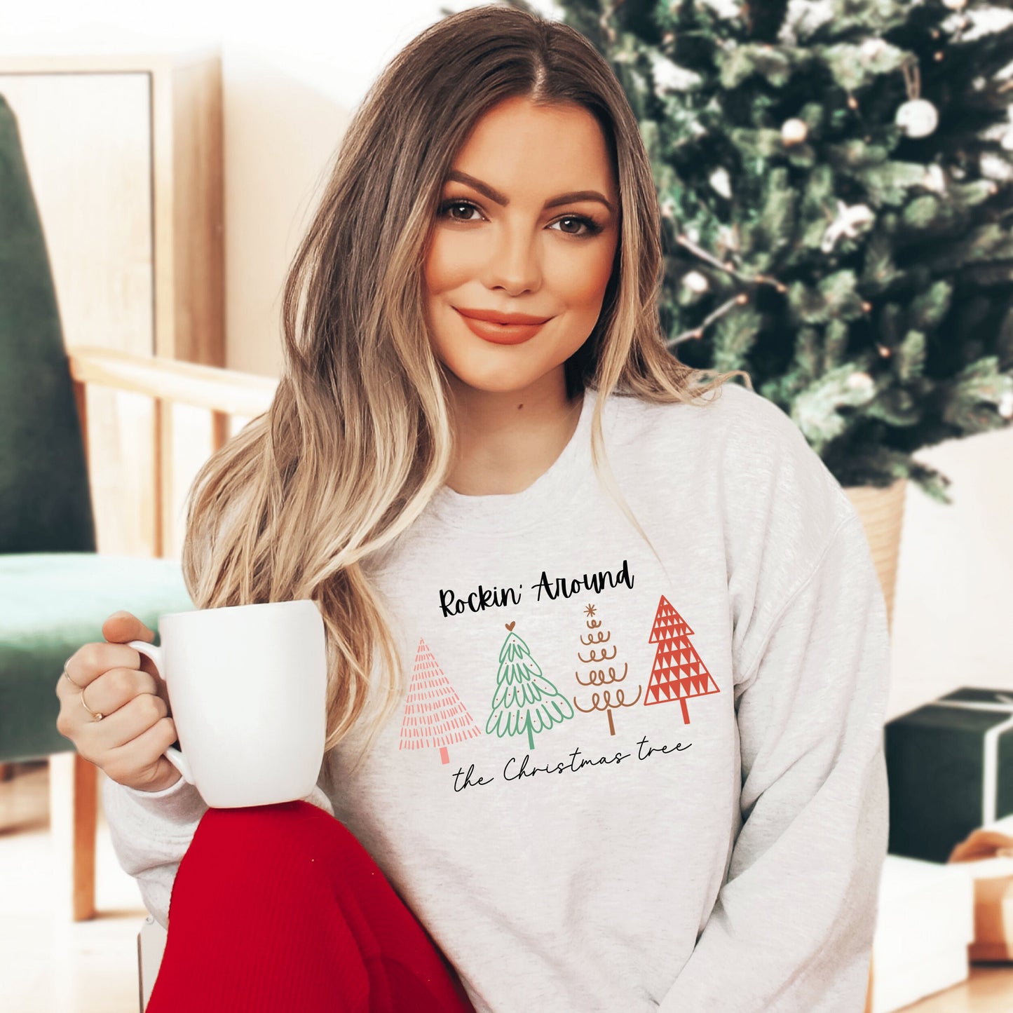 Christmas Tree Sweatshirt, Women's Christmas Sweater, Christmas Crewneck Pullover, Christmas Tree Holiday Sweaters, Tree Picking Sweatshirt - Happy Place Studio