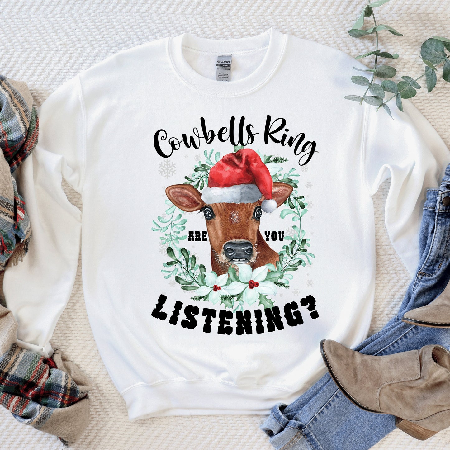 Christmas Cow Sweatshirt, Funny Cow Sweatshirt , Gift for Cow Lover, Gift for Farmer, Cow Sweater, Merry Christmoos, Christmas Gift - Happy Place Studio