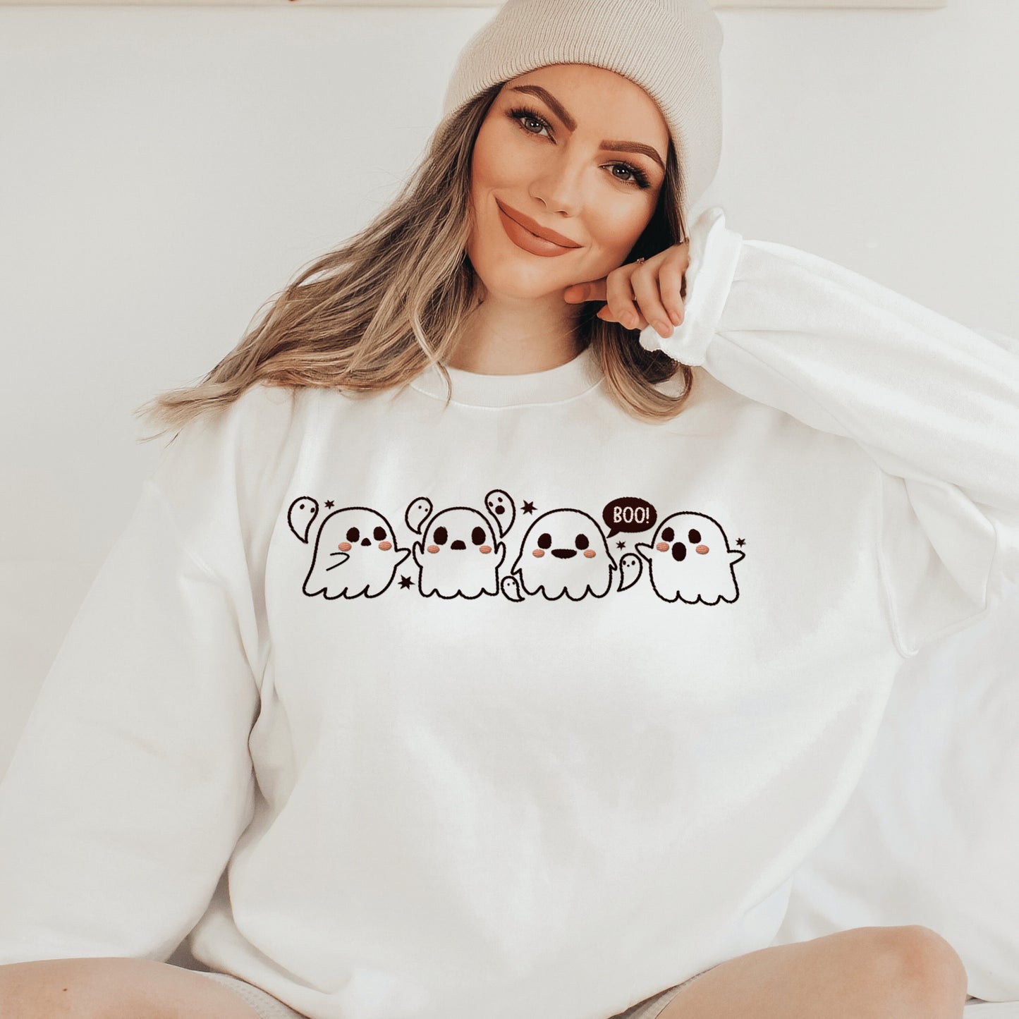 Embroidered Ghost Sweatshirt, Halloween Sweatshirt, Black Cat, Fall Sweatshirt for Women, Halloween Crewneck, Ghost Shirt, Spooky Season - Happy Place Studio