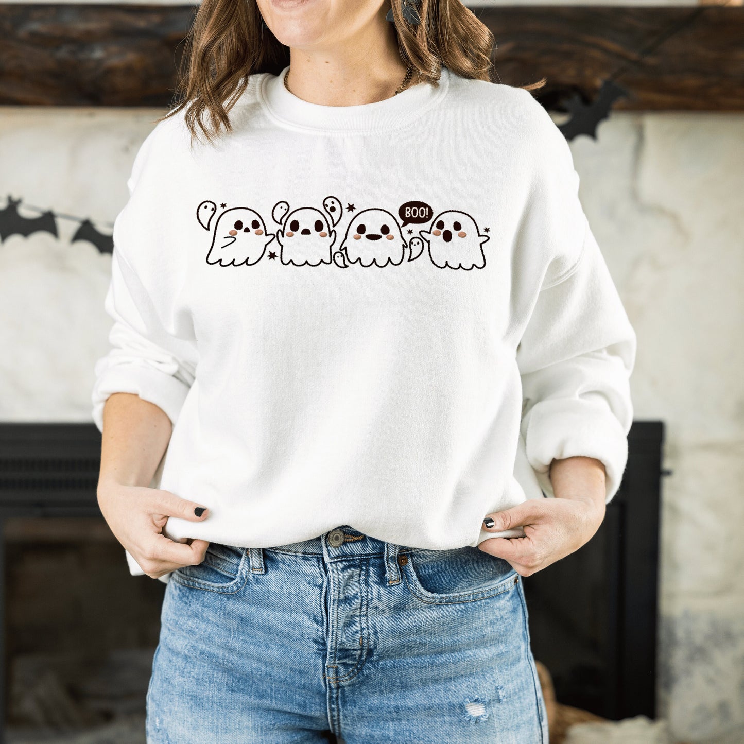 Embroidered Ghost Sweatshirt, Halloween Sweatshirt, Black Cat, Fall Sweatshirt for Women, Halloween Crewneck, Ghost Shirt, Spooky Season - Happy Place Studio