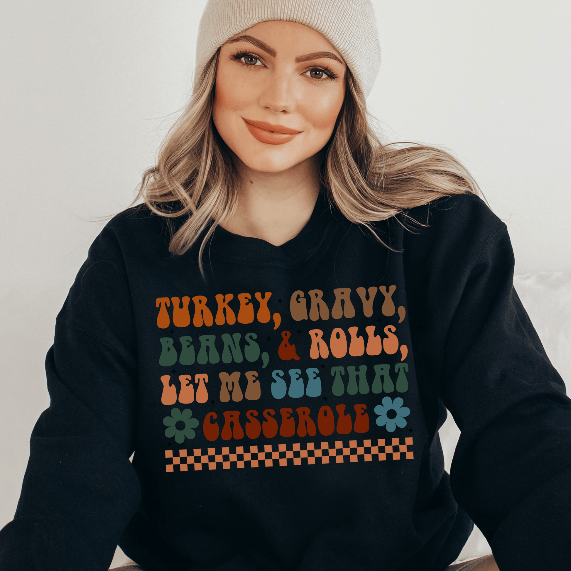Checkered Turkey, Gravy, Beans, and Rolls Colored Crewneck Sweatshirt - Happy Place Studio