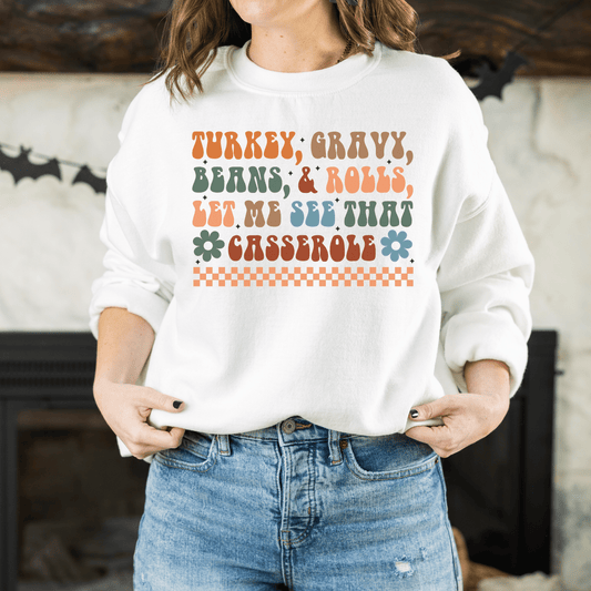 Checkered Turkey, Gravy, Beans, and Rolls Colored Crewneck Sweatshirt - Happy Place Studio