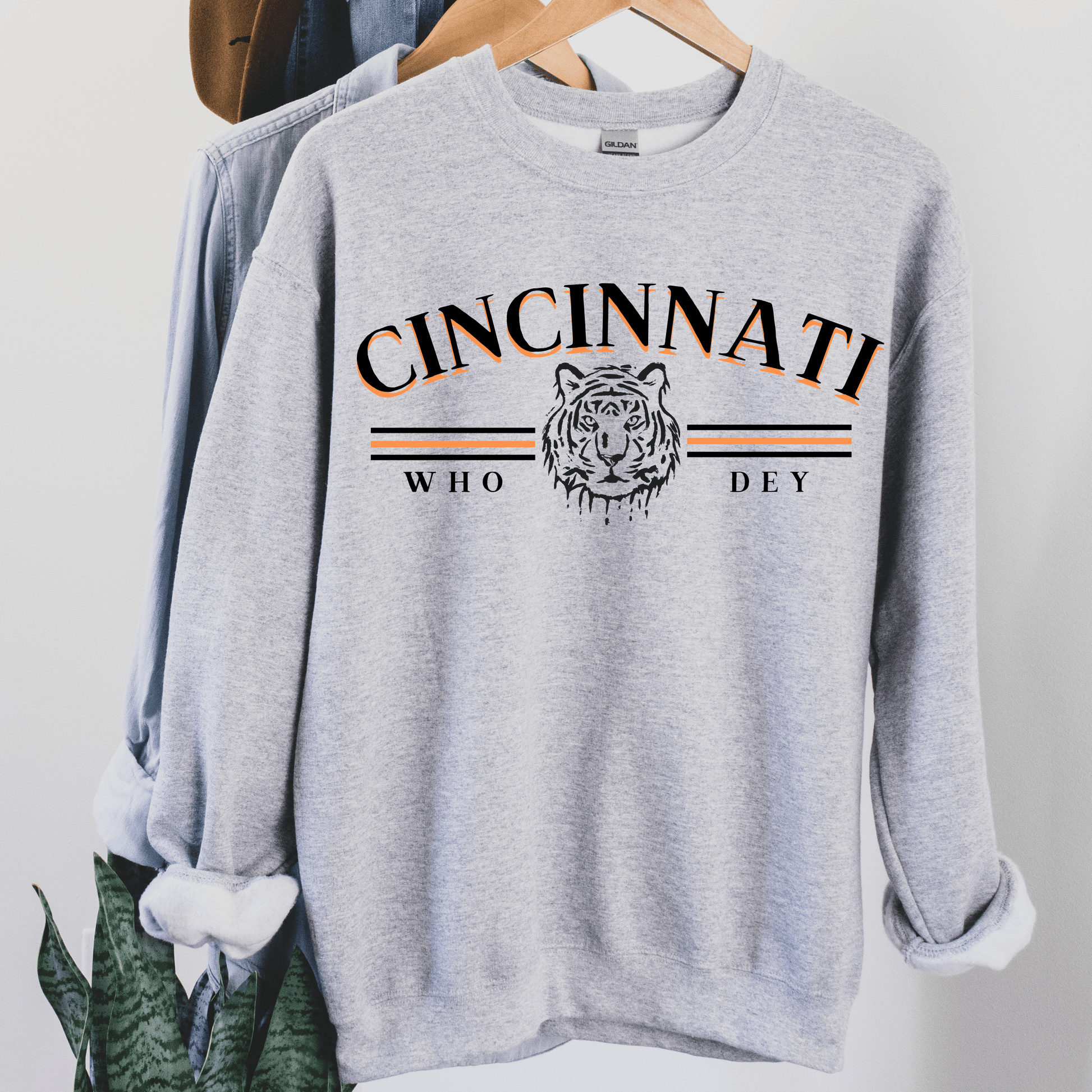 Black Lettering Vintage Cincinnati Who Dey Crewneck Sweatshirt - Happy Place Studio