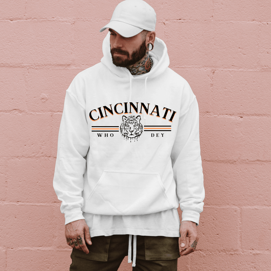 Black Lettering Vintage Style Cincinnati Who Dey Hoodie Sweatshirt - Happy Place Studio