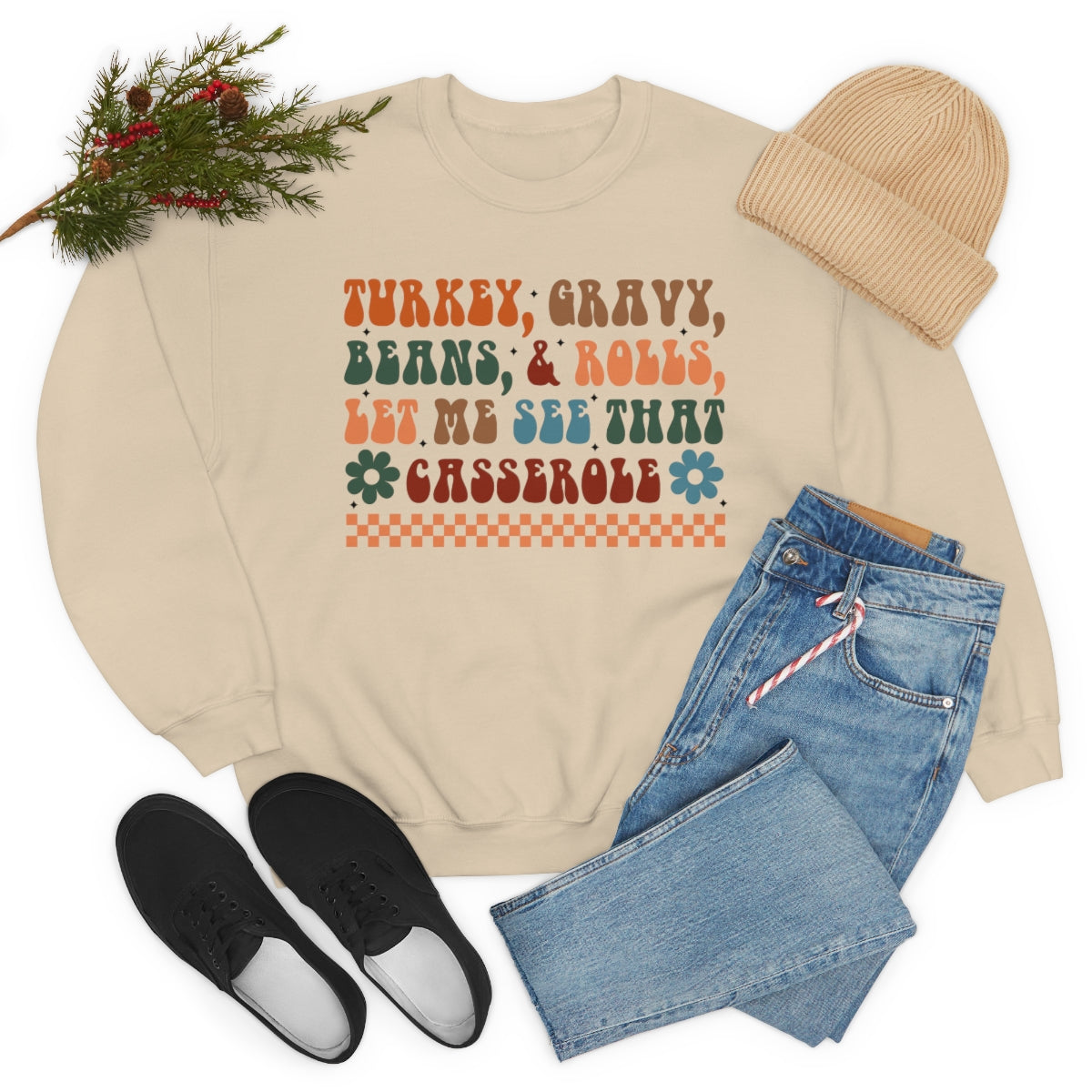 Checkered Turkey, Gravy, Beans, and Rolls Colored Crewneck Sweatshirt - Happy Place Studio